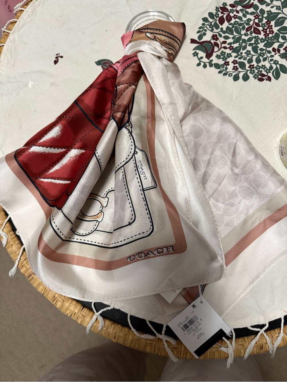 COACH Multi-Color Quilted Bag Print Scarf - Red, Pink, Tan, Brown, Cream - Picture 7 of 8